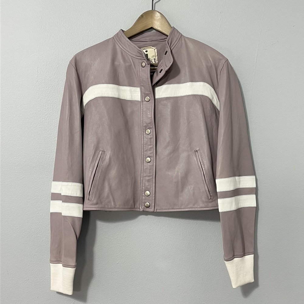 JKT NYC Leather Jacket Womens XS Purple White Stripe‎ Moto Racer Cropped Rib Hem